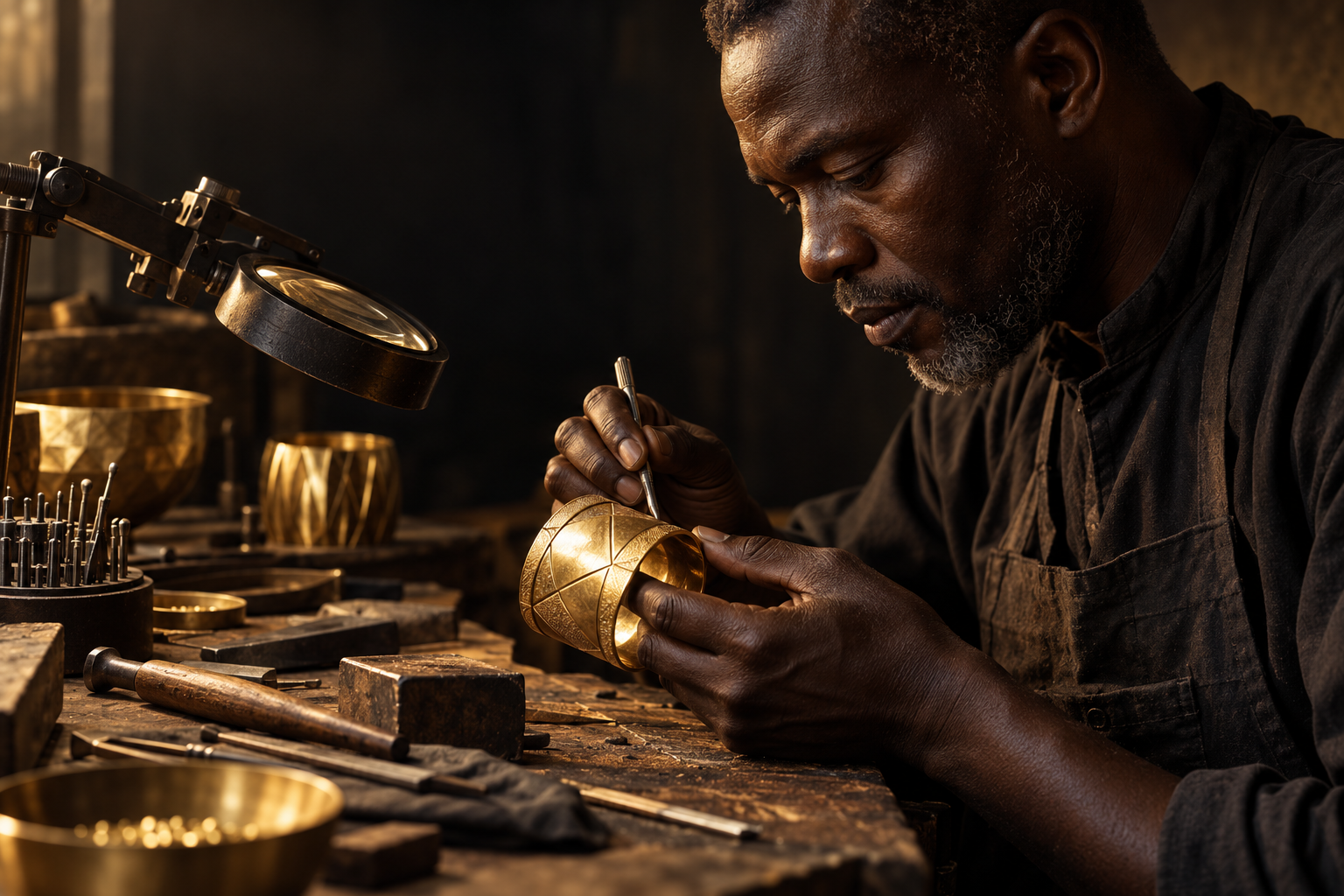 Conceptual image of an African artisan working with gold