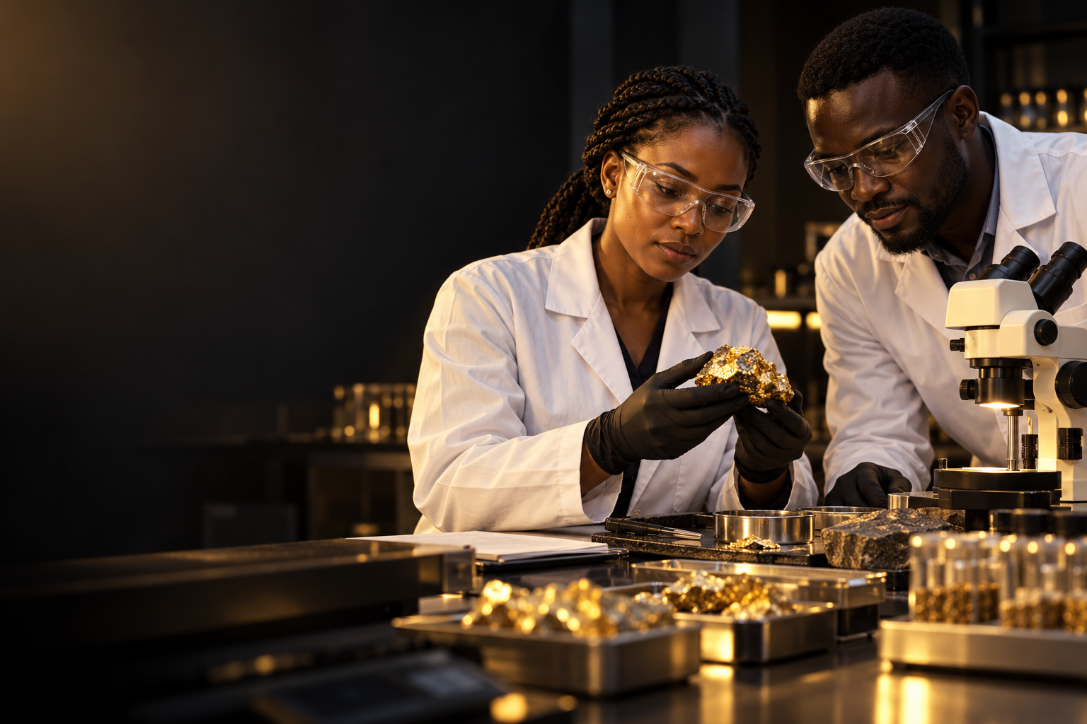 Conceptual image of African technical professionals examining a gold sample