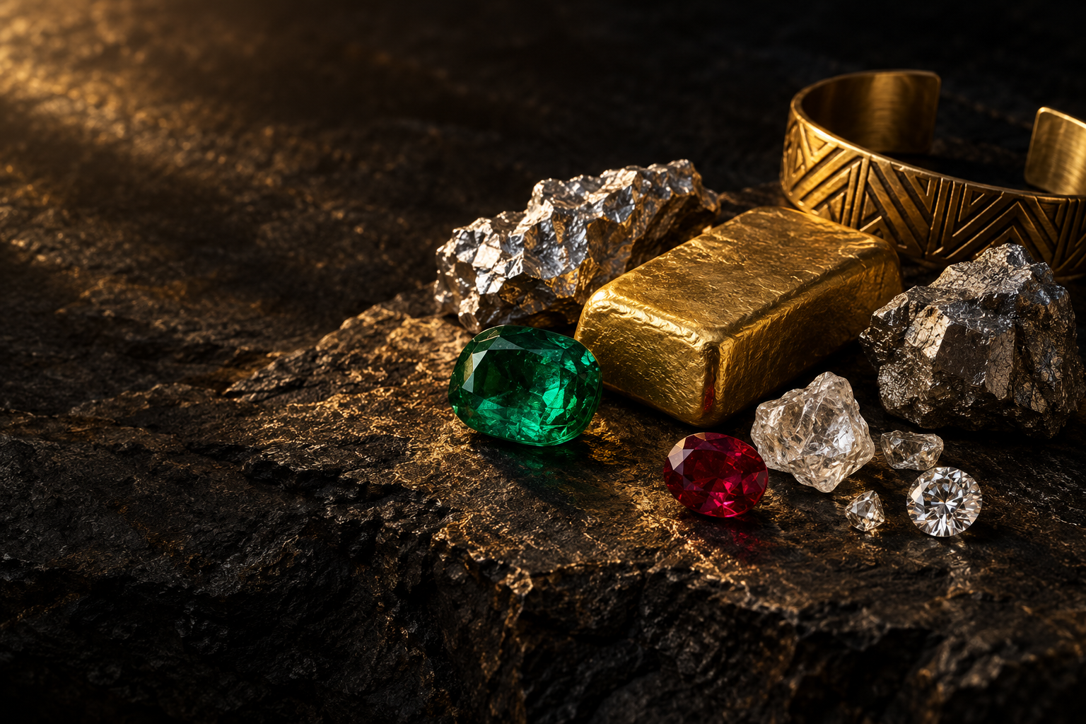 Conceptual still life of precious metals and gemstones